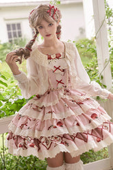 Jupe courte Sweet Lolita à volants broderie imprimé verger de pommes rose à trois couches